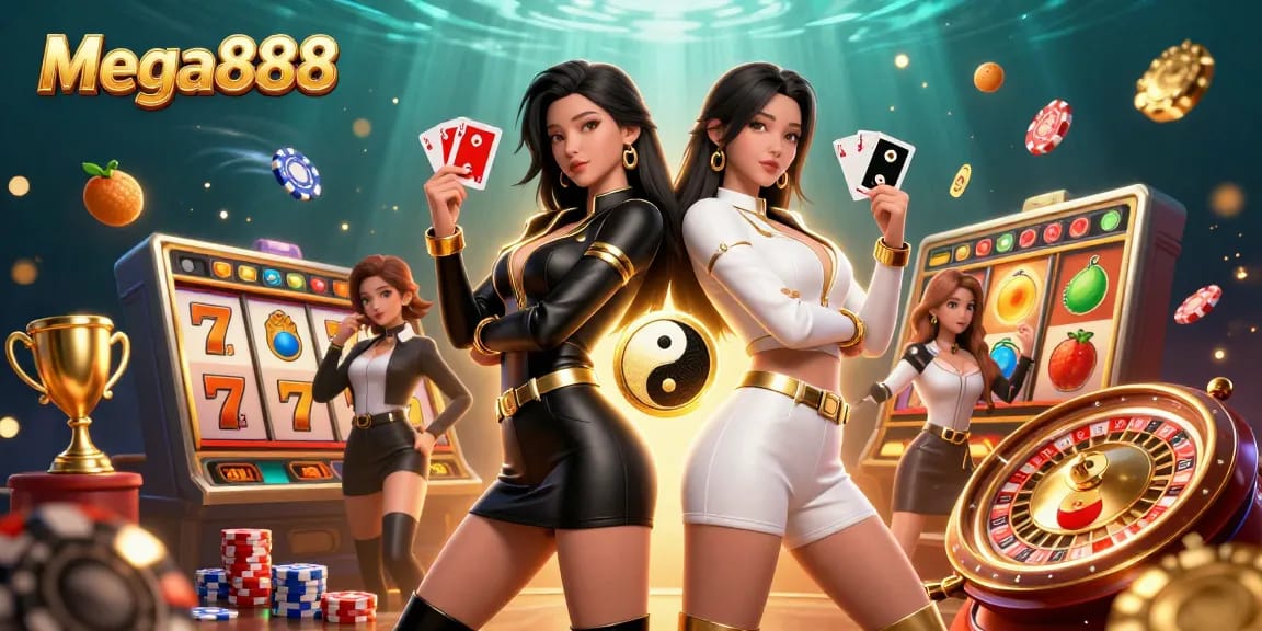 Mega888 - Win big with stunning twin Asian women in a dynamic casino-themed illustration.
