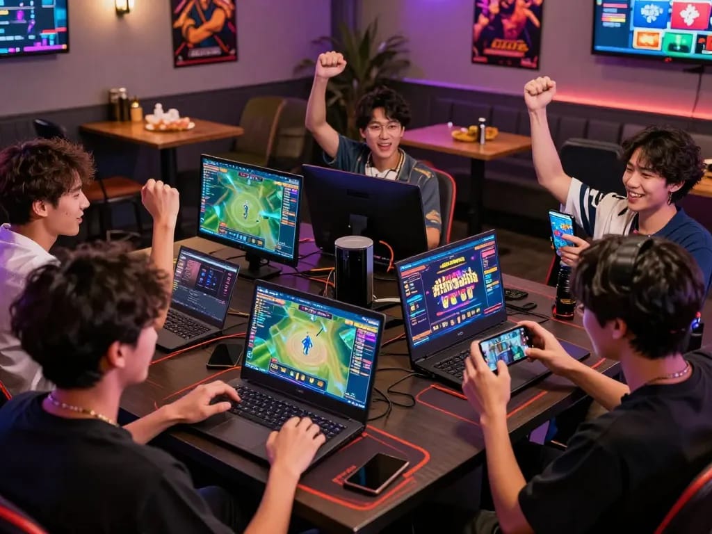 Exciting online gaming atmosphere on 79king platform with diverse players celebrating wins.