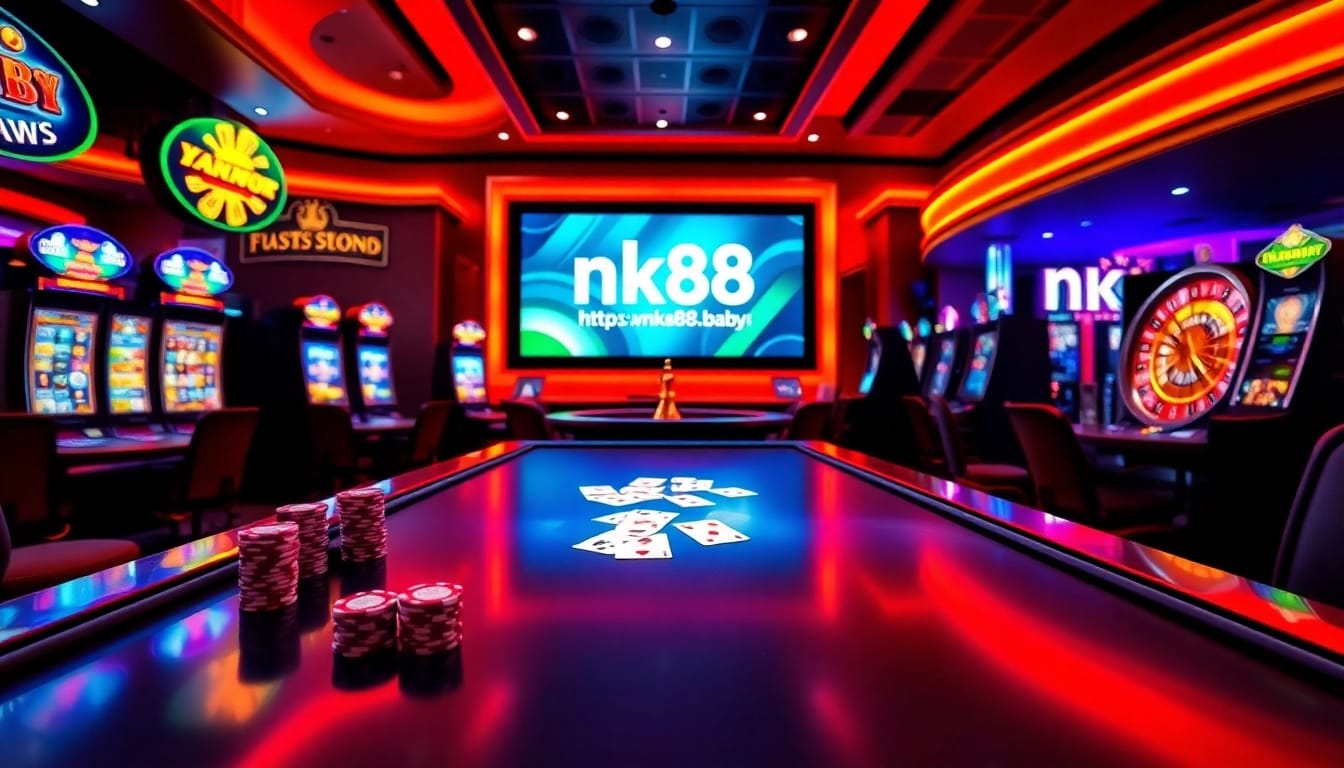 Experience thrilling gaming action at https://nk88.baby/ with vibrant casino visuals of tables and machines.