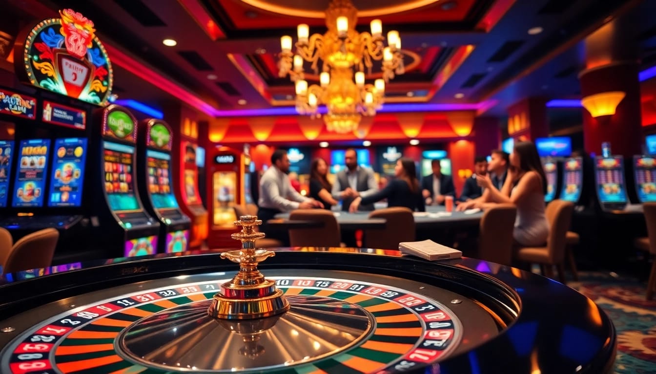Cassino Pix: Vibrant casino scene with roulette, slot machines, and enthusiastic players.