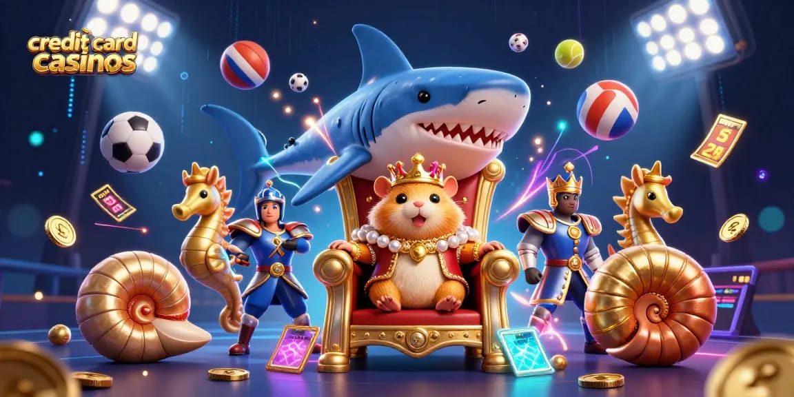 Discover the excitement of credit card casinos as a golden hamster king rules over a vibrant casino scene.