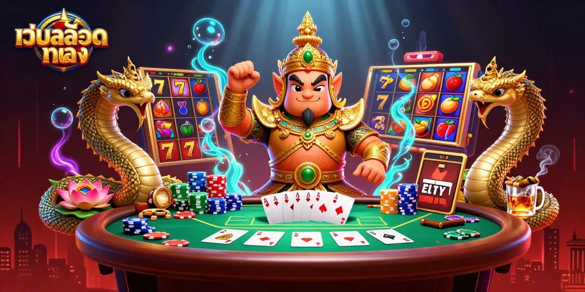 Engage in เว็บสล็อตตรง gameplay with vibrant slot reels, poker elements, and mythical Thai guardians.