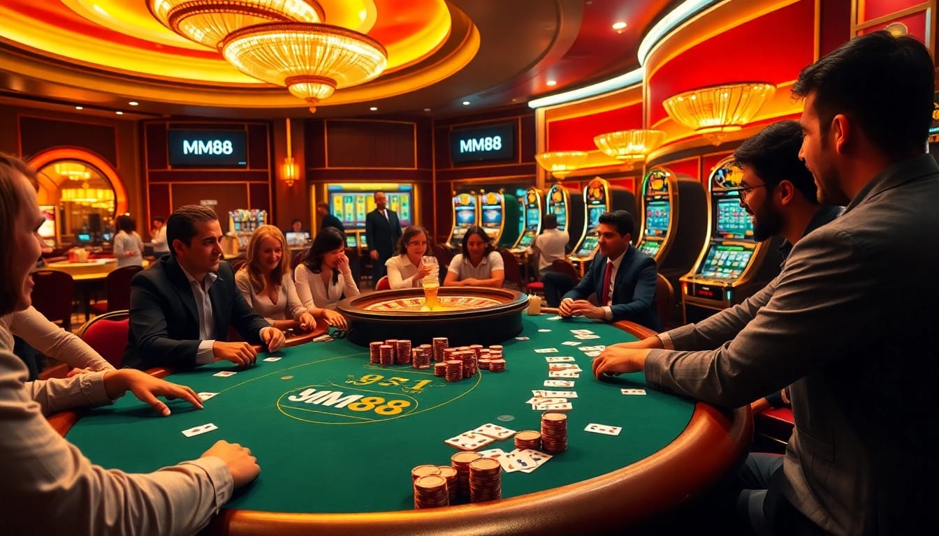 Experience the thrill at MM88 with vibrant poker tables and colorful casino elements.