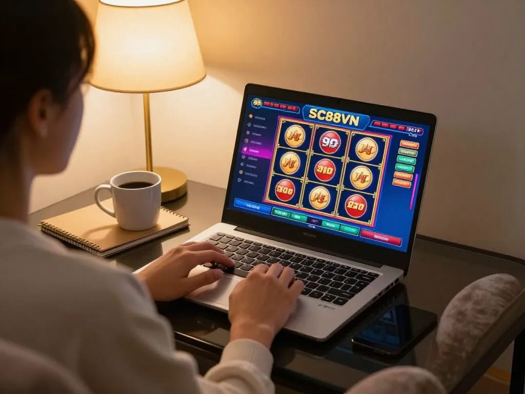 Engaging in SC88VN online casino gaming with a vibrant slots interface in a cozy home setup.
