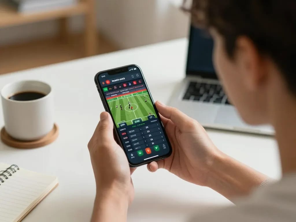 F8BET user enjoying mobile sports betting on smartphone in a cozy home office setting.