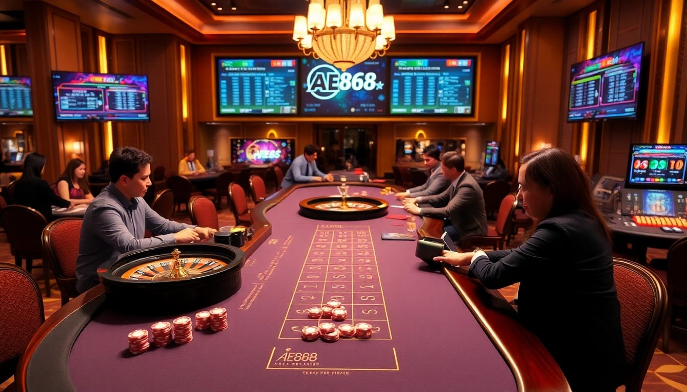 A thrilling AE888 gaming experience with vibrant chips and a live dealer at an elegant casino table.
