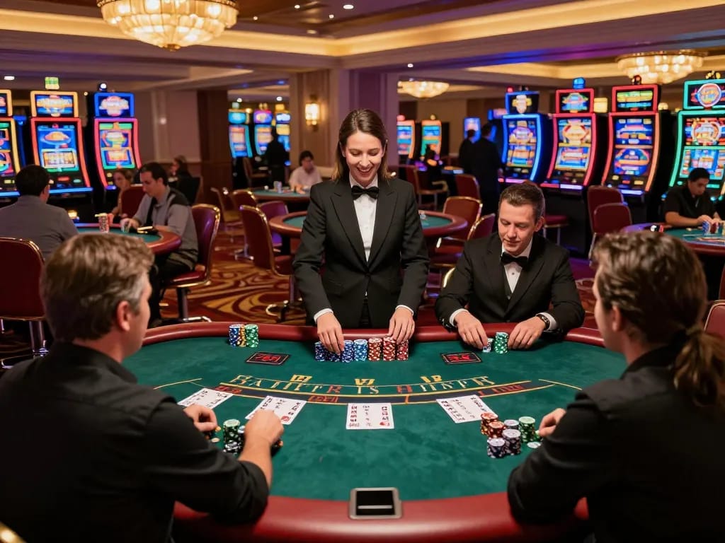 Engaged players at a tg88 blackjack table strategizing for their next moves in an upscale casino.