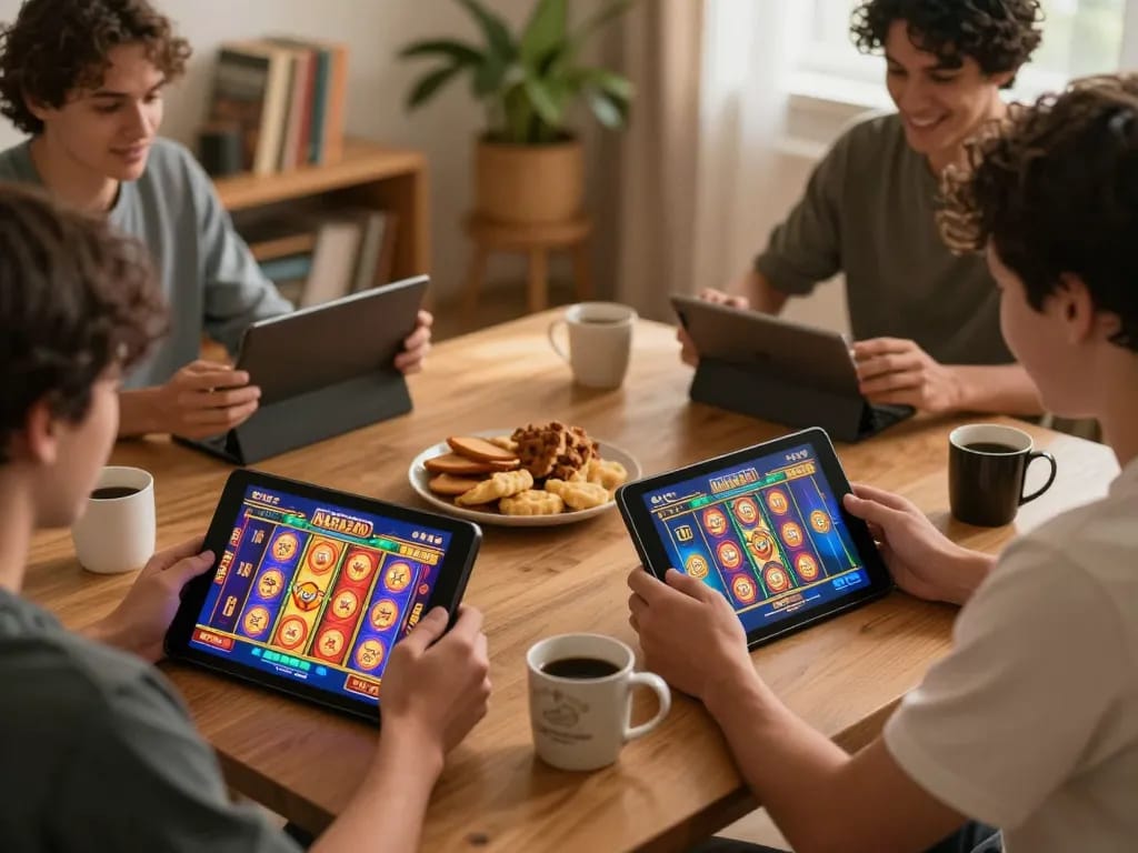 NAGA2000 players enjoy a thrilling slot game on tablets at home, showcasing casual online gaming.
