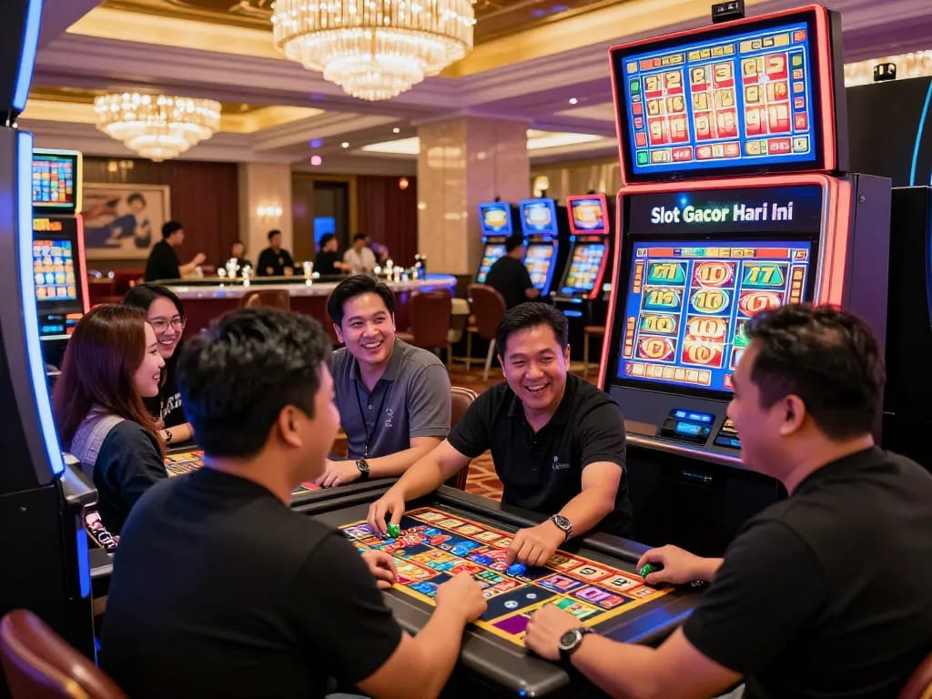 Para pemain kasino yang bersemangat di mesin slot dengan "slot gacor hari ini" yang memiliki lampu warna-warni, menampilkan momen kemenangan.