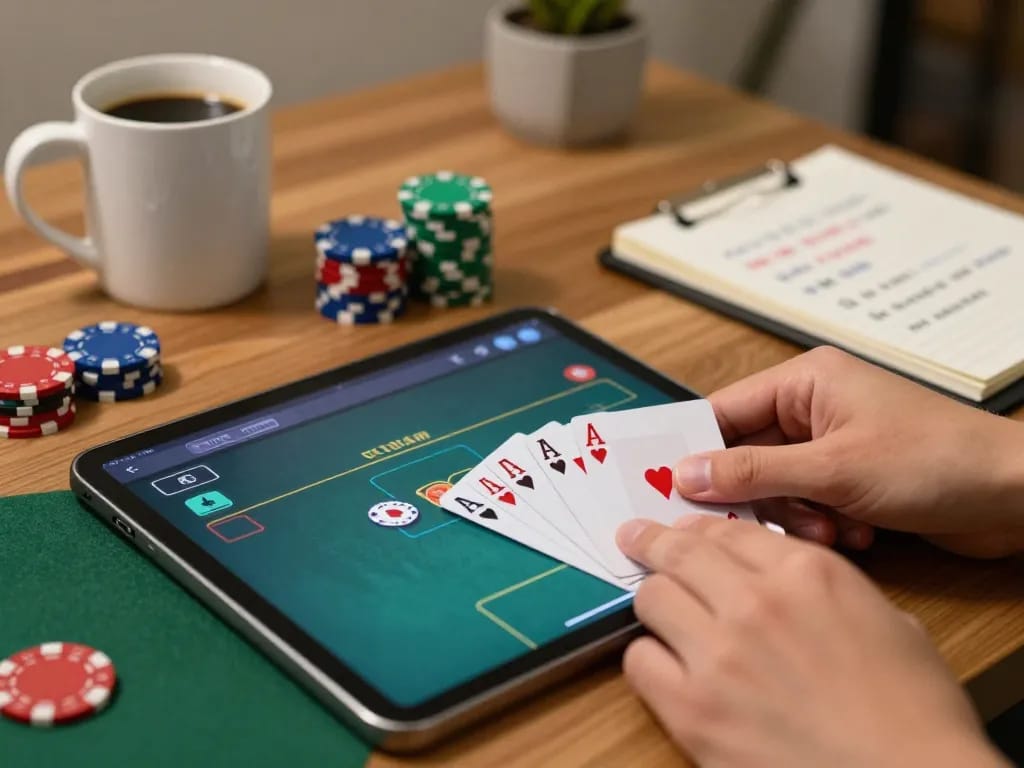 Playing poker on a tablet in a cozy home setting while exploring say88's gaming strategies.