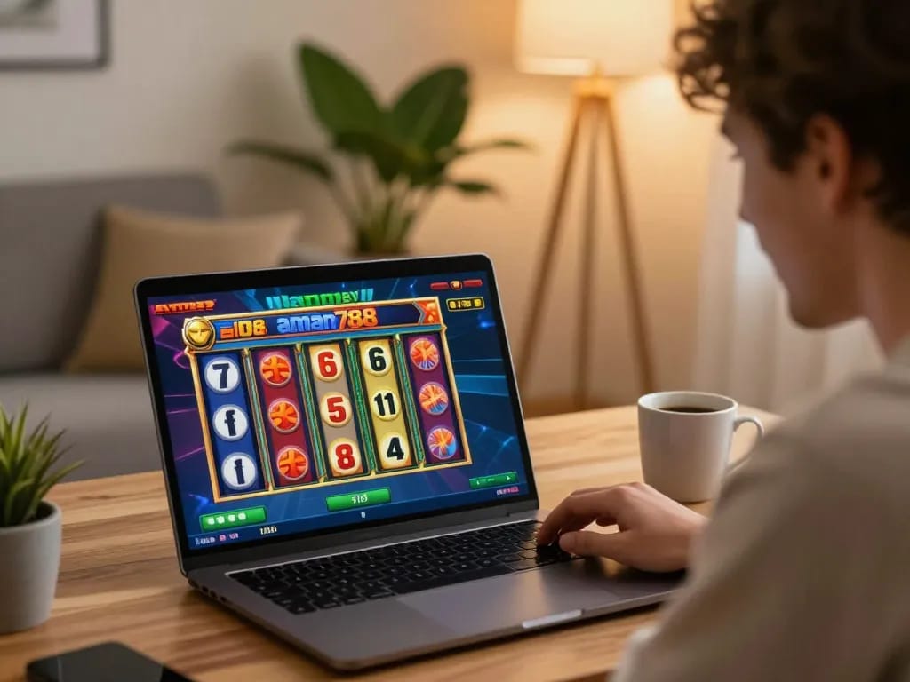 Terlibat dalam permainan aman788 slot online di laptop yang dikelilingi oleh suasana rumah yang nyaman.