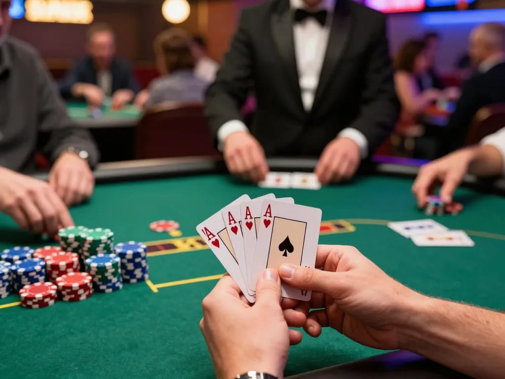 Player showcasing a winning hand in poker at a vibrant casino table, exploring badak178.