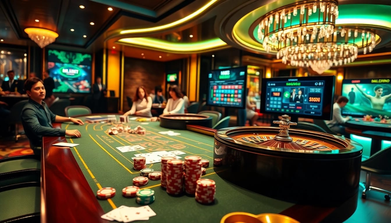 MM88 gamblers enjoying a thrilling poker game at a luxurious casino table with vibrant decor.
