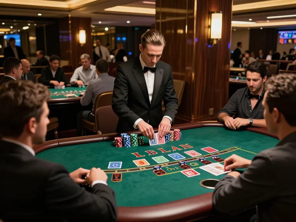 Experience the excitement of blackjack at the dh88 casino, with players engaged around a rich green felt table.