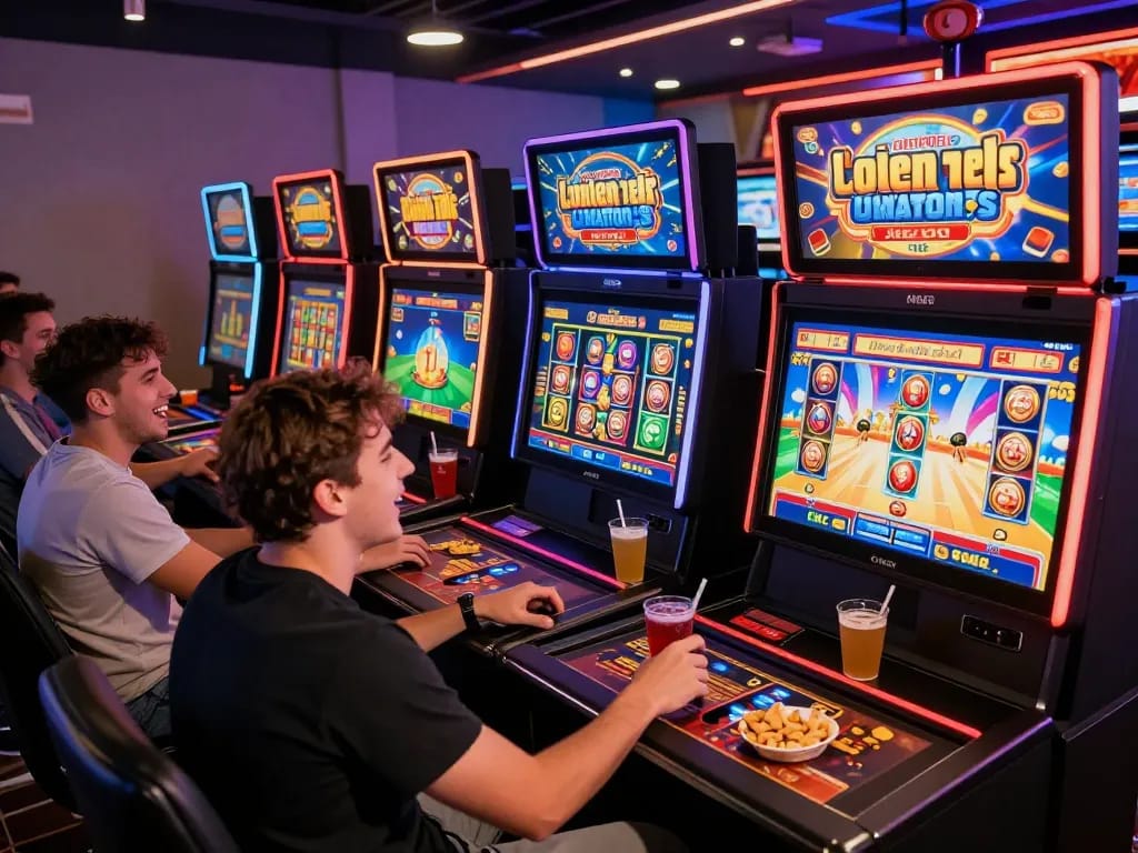 Teman-teman yang bersemangat menikmati permainan slot online laoban188 di meja permainan yang cerah.