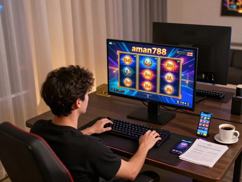 Bermain aman788 slot online di pengaturan rumah yang stylish dengan pencahayaan ambient dan catatan taruhan.