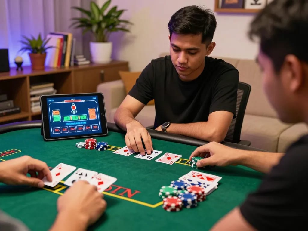 Playing online blackjack at a malaysia online casino in a cozy home setting with a tablet.