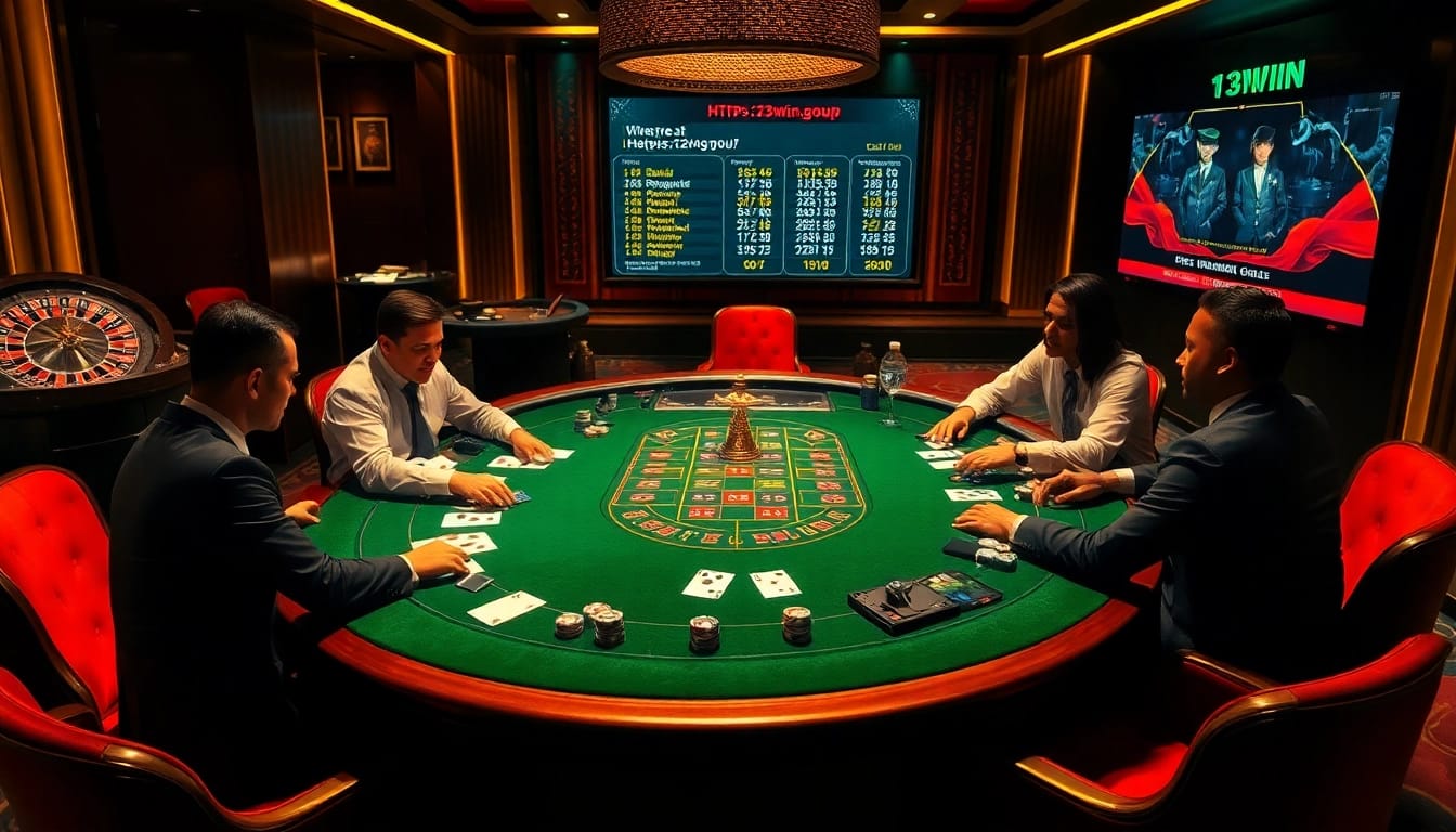 Experience high-stakes poker at https://13win.group/, showcasing professional players and casino ambiance.