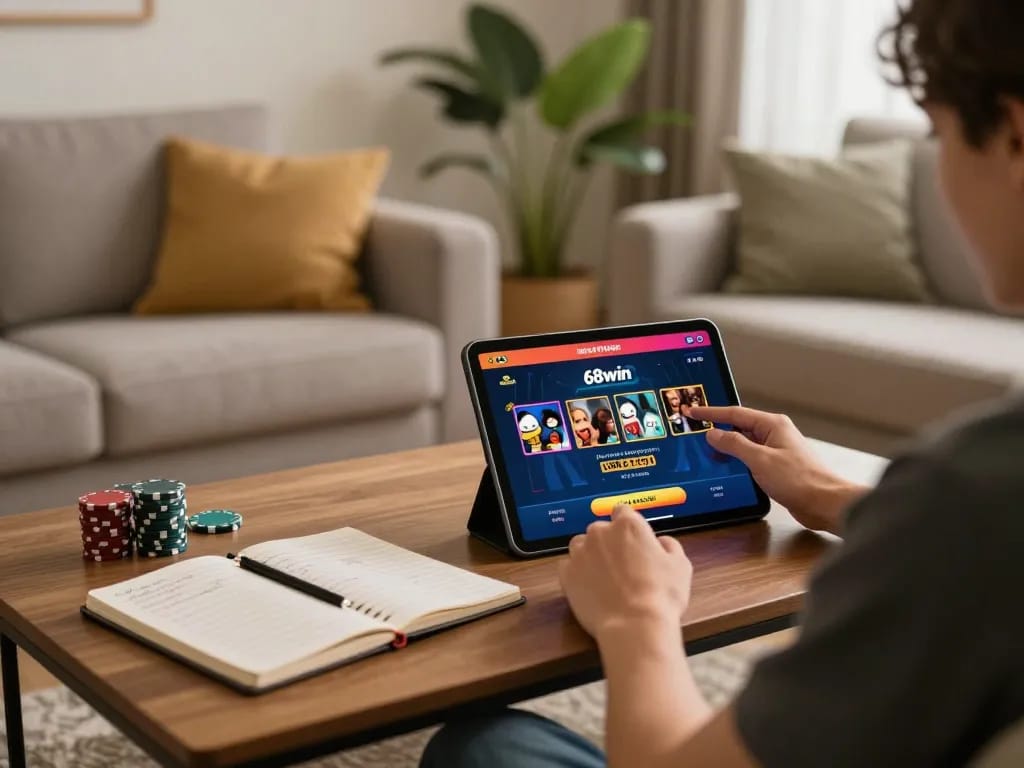 Using the 68win com app on a tablet for engaging live casino gaming at home, promoting responsible entertainment.