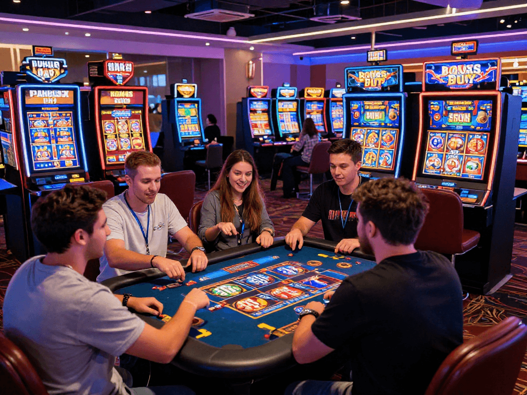 Dynamic scene of UK players enjoying high RTP slots and live dealer games at USA online casinos, showcasing an immersive and exciting gaming atmosphere.