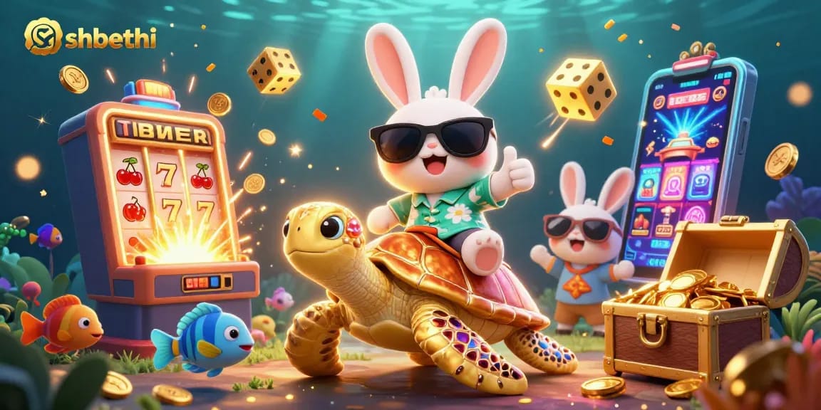Engage in fun gaming with shbethi featuring a cartoon lucky rabbit and golden turtle in a vibrant casino scene