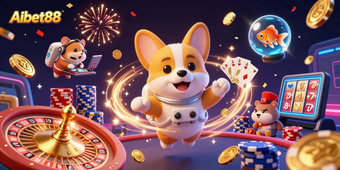 Aibet88 casino scene with a corgi astronaut playing and winning in a vibrant zero-gravity space casino.