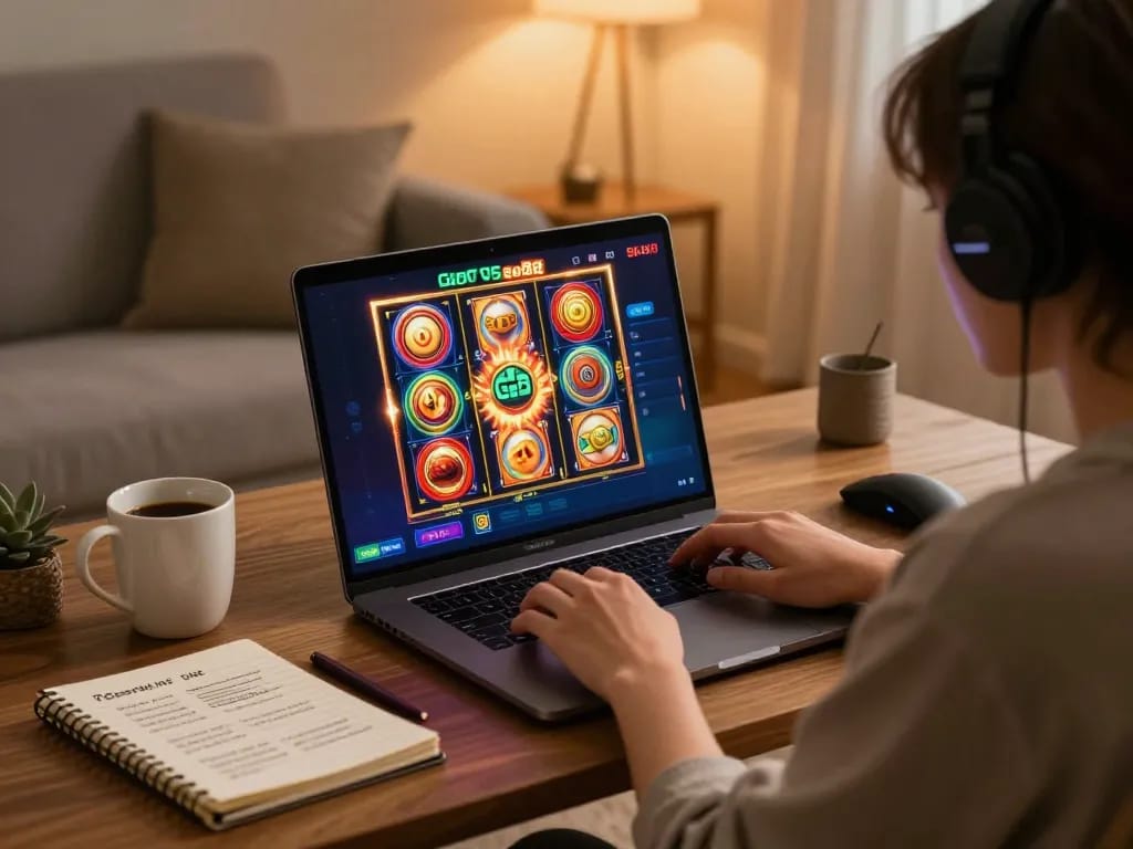 Enjoying Go88 slots on a laptop in a cozy home environment with gaming strategies at hand.