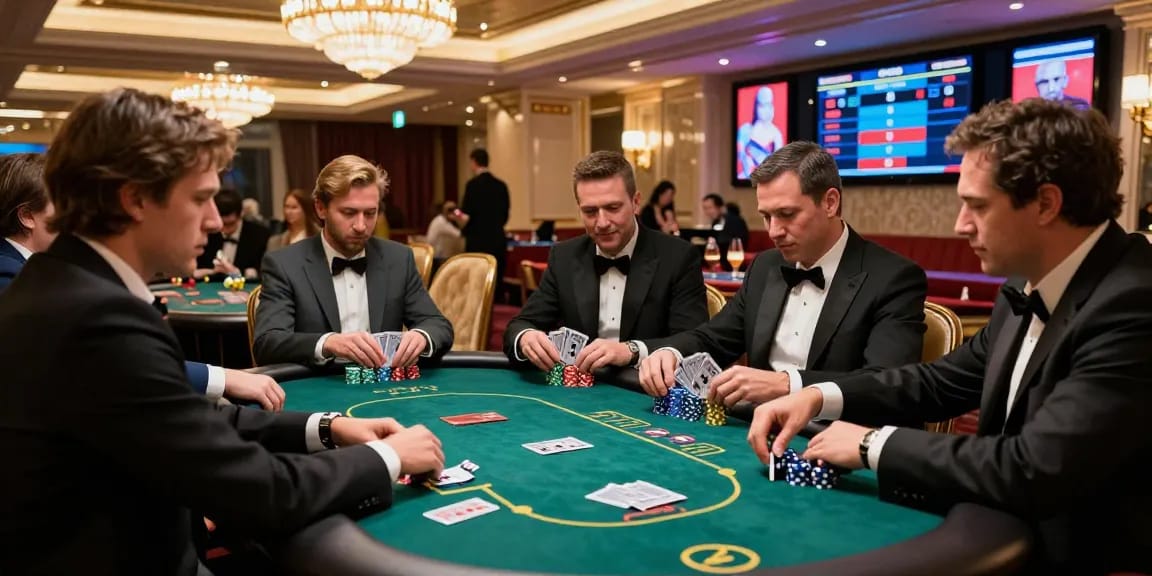 Exciting gambling scene at an iwin poker table in a luxurious casino.