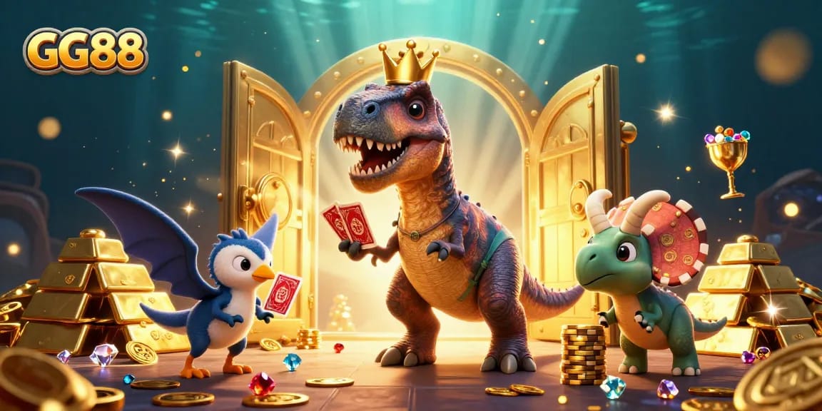 Engage in dynamic gaming at GG88 with a playful dinosaur trio in a treasure-filled scene.