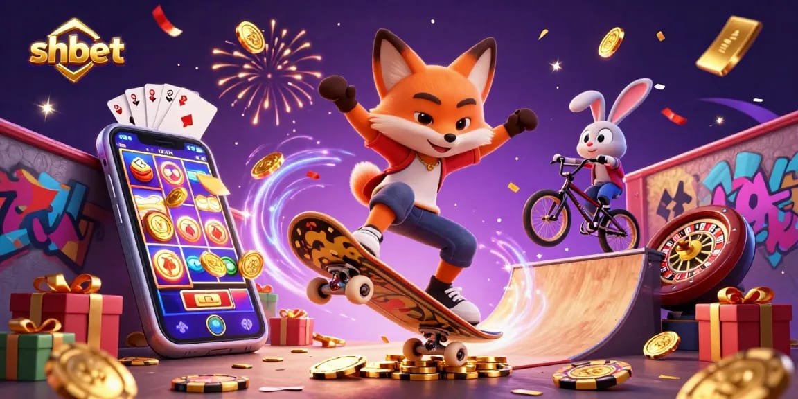 Play exciting casino games with shbet's vibrant 3D illustration featuring fun characters and dynamic gaming elements.