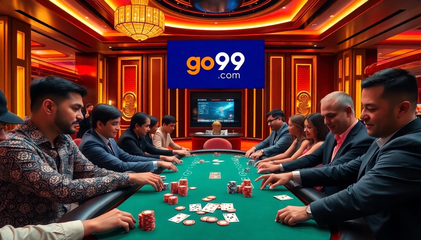 Experience the excitement at go99 com's luxury poker table with vibrant chips and intense gameplay.