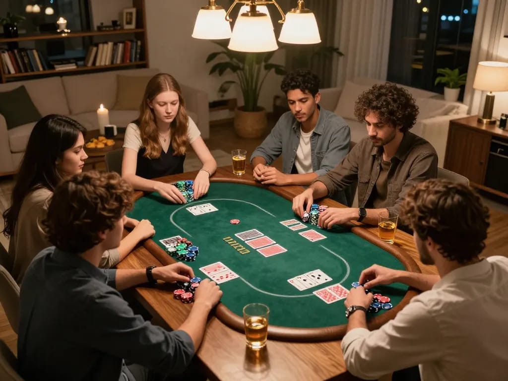 Teman-teman menikmati malam poker di rumah, menampilkan lingkungan permainan 88Pulsa dalam suasana yang meriah.