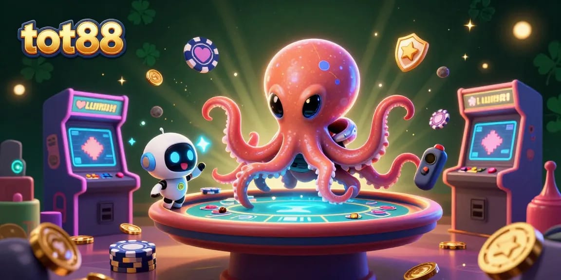 Play poker with tot88's vibrant alien octopus and robot amidst a cosmic arcade casino atmosphere.