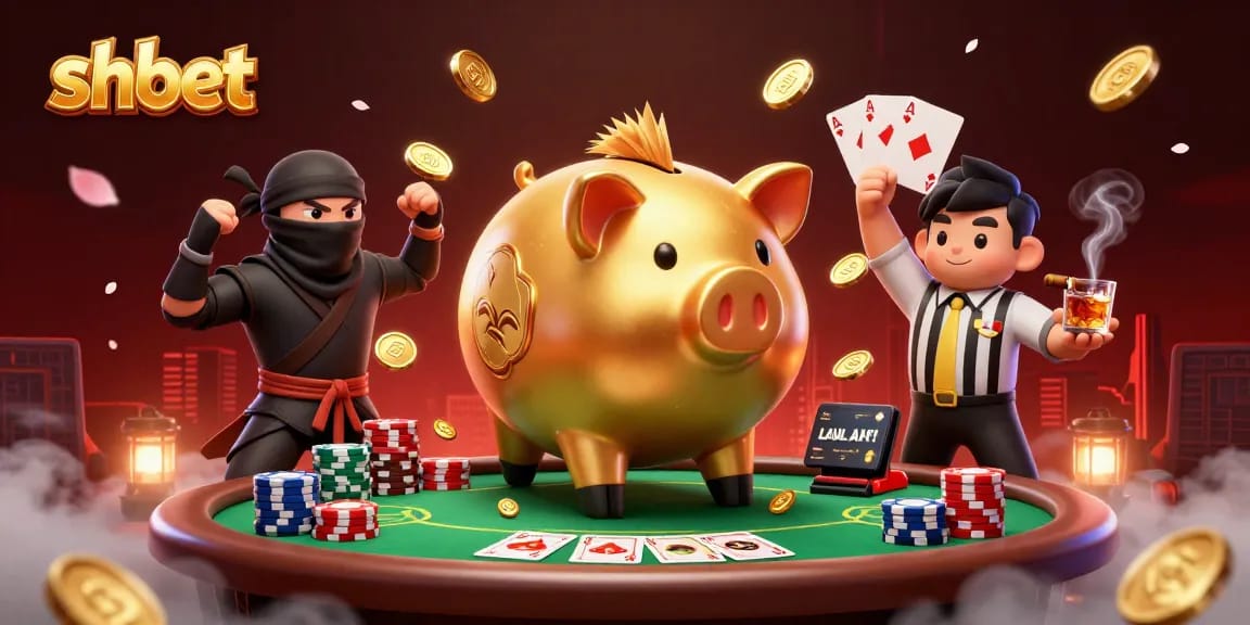 Engage in thrilling gameplay with shbet, featuring a golden piggy bank sumo wrestler amidst dynamic poker action.