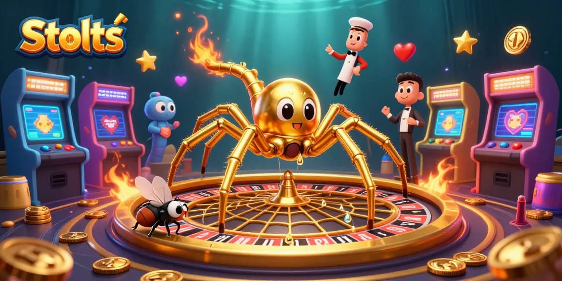Experience thrilling Slots action with a golden spider dealer in a vibrant casino scene.