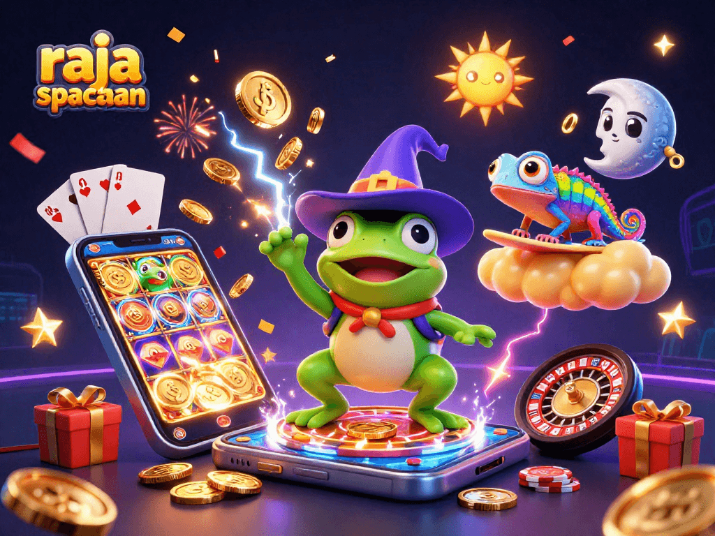 Experience the excitement of raja spaceman as a wizard frog conjures golden coins in this vibrant casino scene.