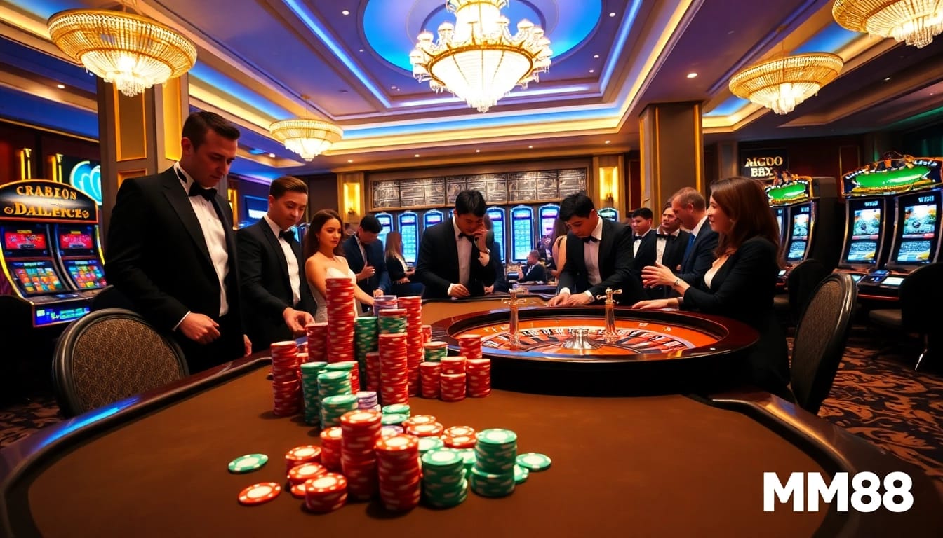 Engaged players at MM88's exciting poker table amidst luxury casino ambiance.
