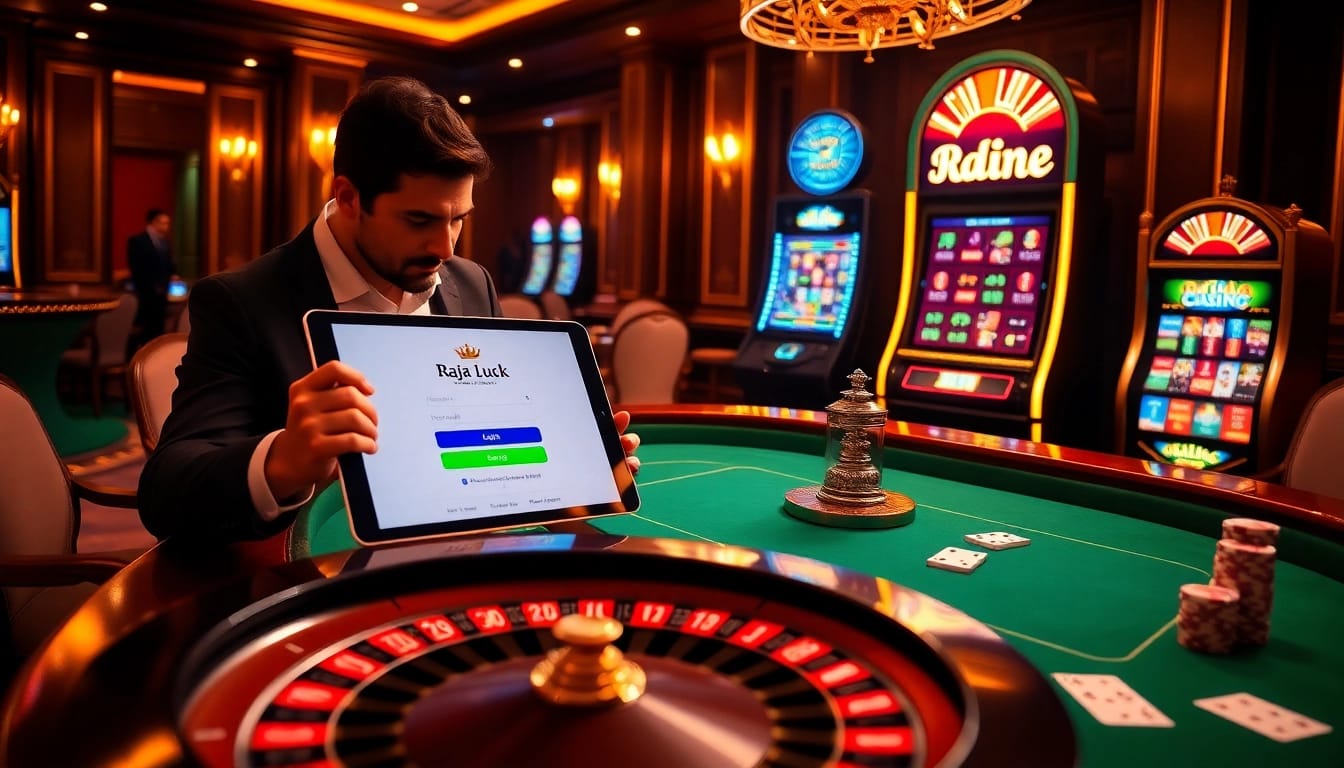 Engaging scene showcasing Raja Luck login on a tablet amidst a dynamic casino atmosphere.