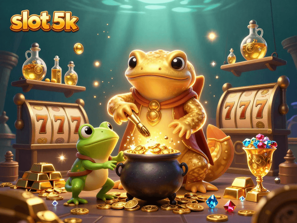 Spin the slot 5k reels with golden salamander alchemist in a rich casino setting.