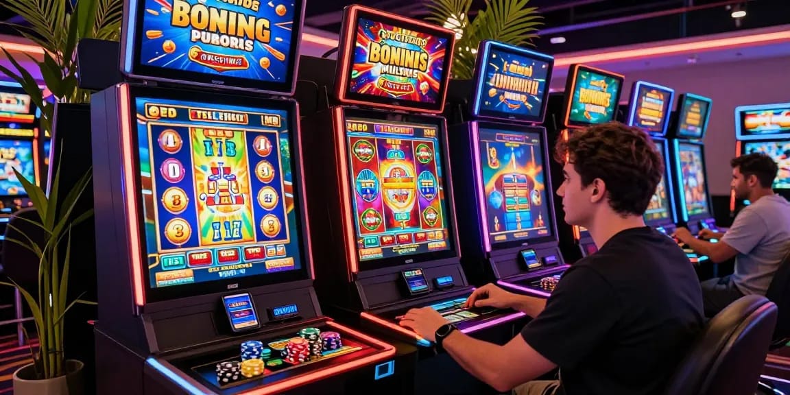 Player immersed in buy feature slots gaming at home with vibrant screens and energetic atmosphere.