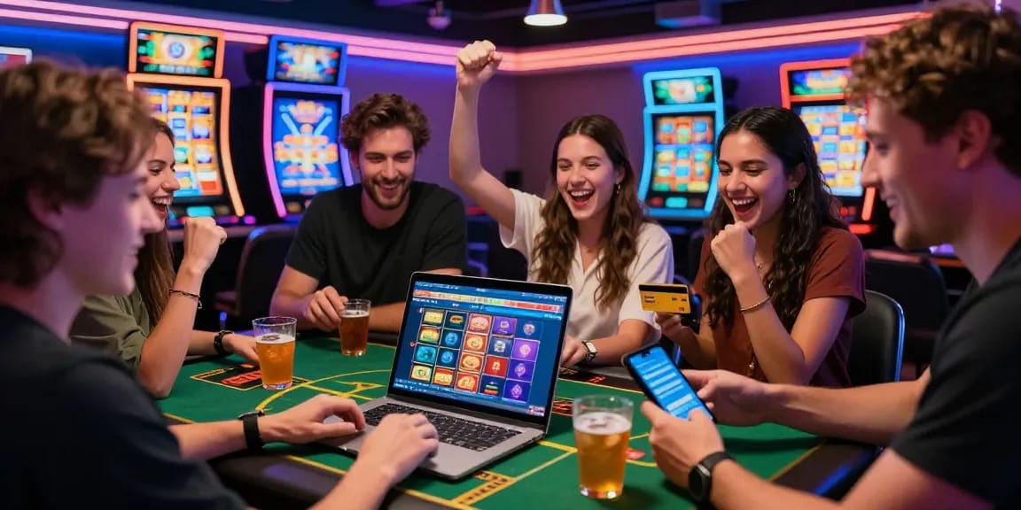 Friends celebrating while playing at credit card casinos with laptops and colorful games in a vibrant atmosphere.