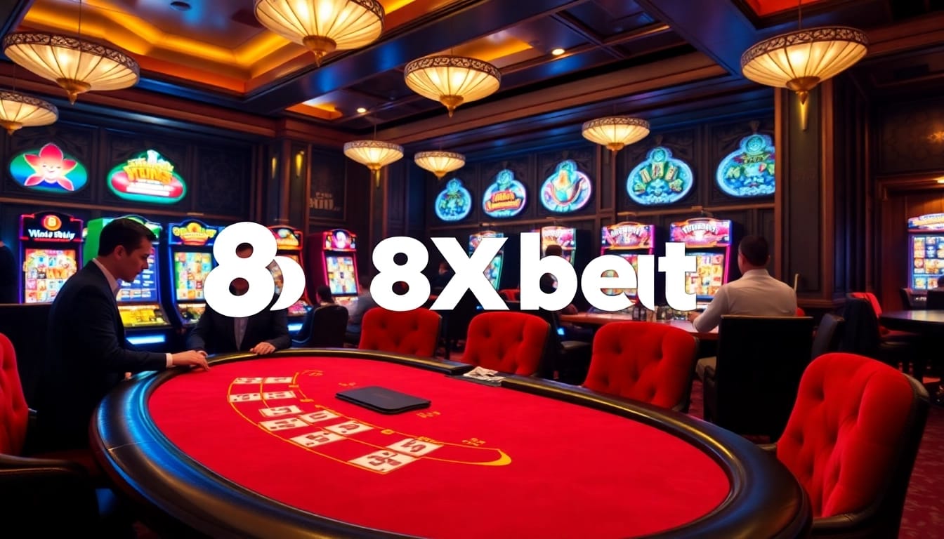 Exciting gameplay at 8Xbet's luxurious casino, showcasing players at a blackjack table.