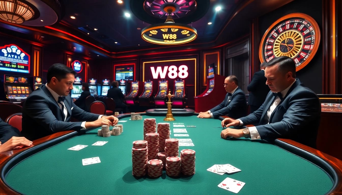 W88 poker table with players focusing intensely on their strategy in an elegant casino setting.