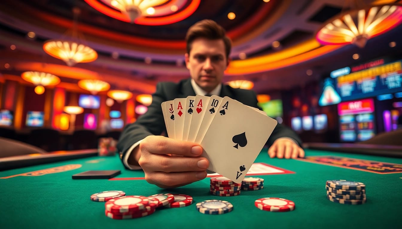 Aksi menarik arushoki di meja poker kasino yang diringi cahaya berwarna-warni.