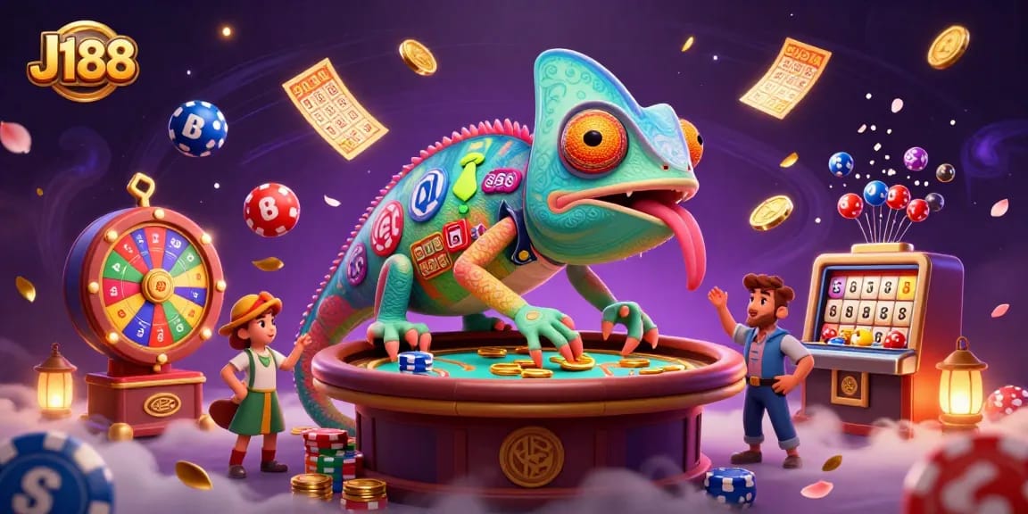 Experience engaging gameplay at J188 with a vibrant chameleon casino owner amidst dazzling gambling elements.