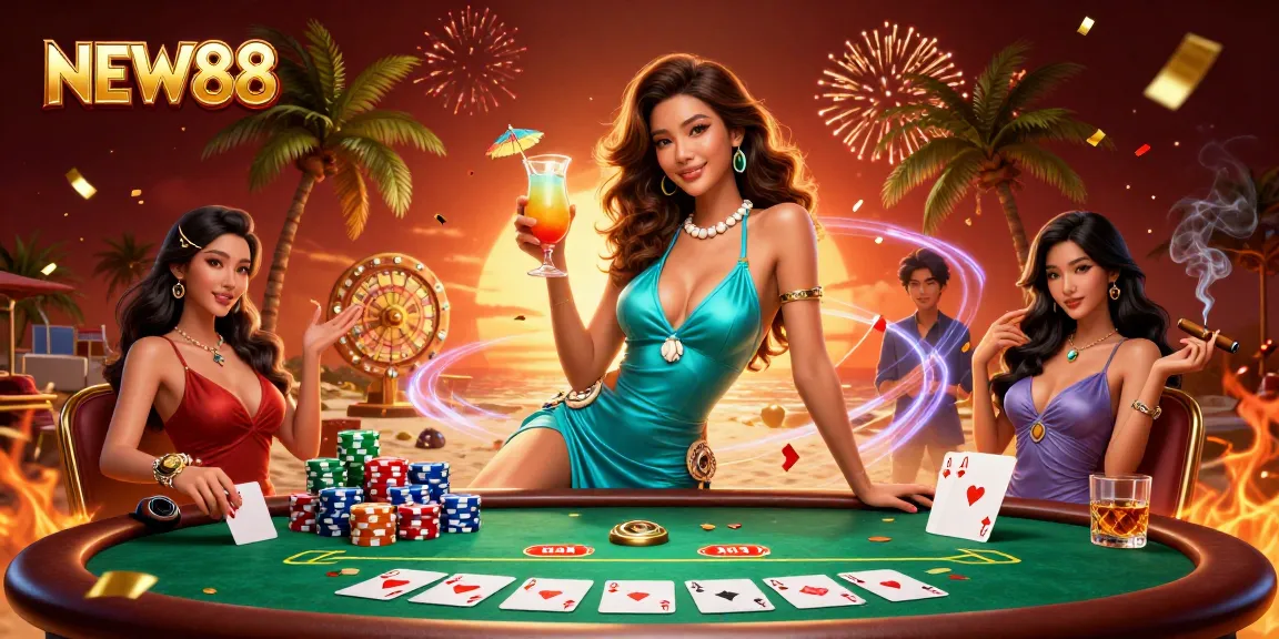 Engage in thrilling gameplay with NEW88 at a vibrant beach casino themed illustration.