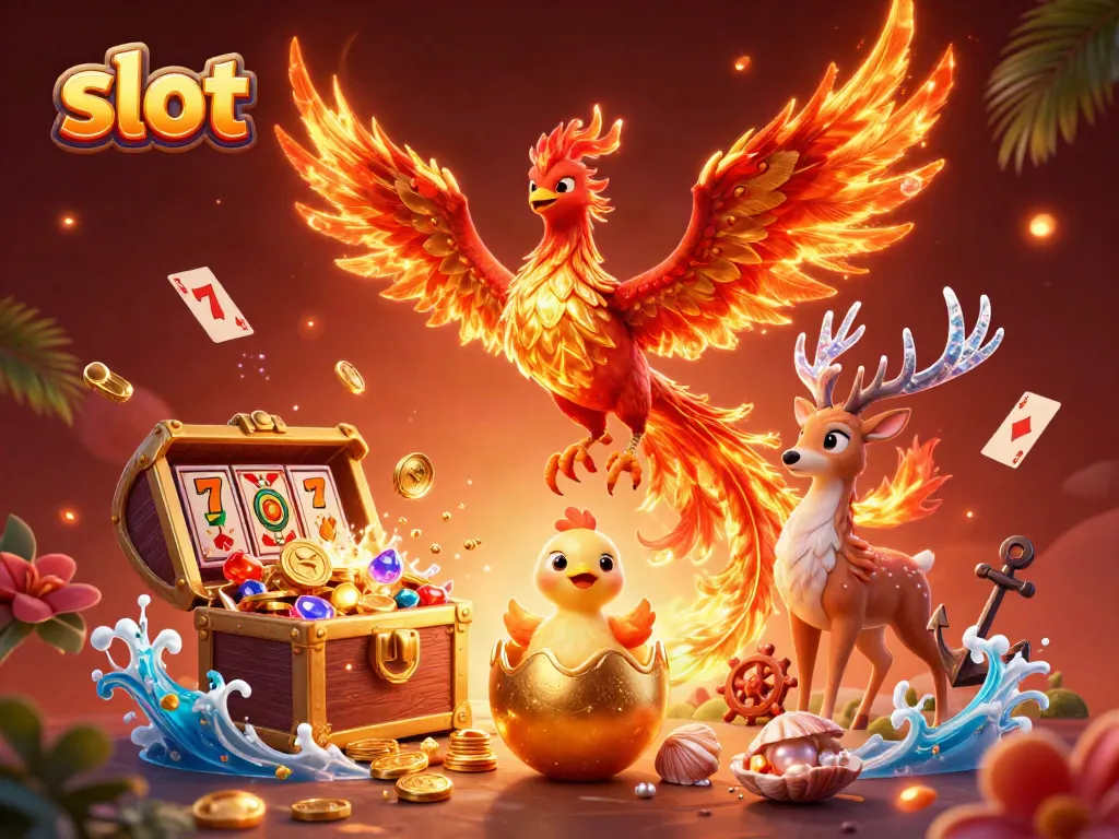 Engage with slots as a fiery phoenix soars, showcasing golden treasures and vibrant casino elements.