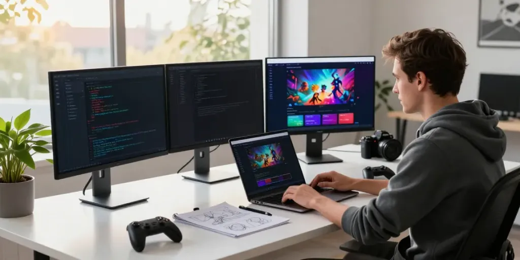 A80 website development workspace with programmer active at modern standing desk, vibrant visuals on multiple monitors, and tech tools present.
