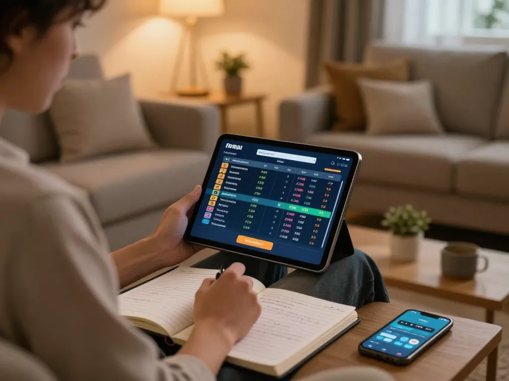 Engaging in online betting with tỷ lệ kèo nhà cái hôm nay displayed on a tablet at home.