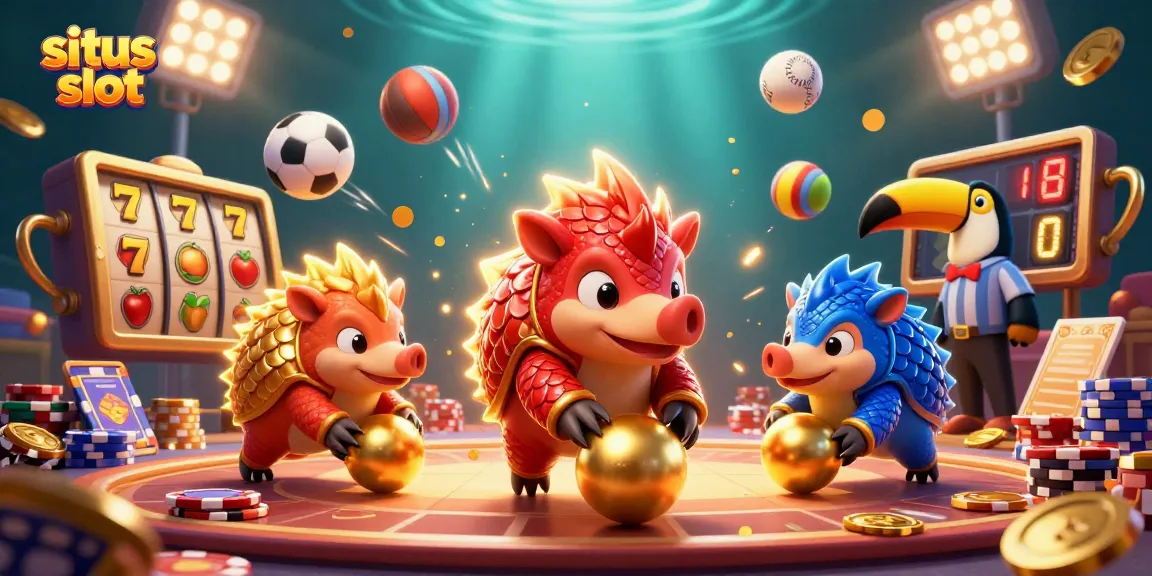 Situs slot menghadirkan pangolins berduel dalam latar kasino dengan slot reels, mengumpulkan jackpot.